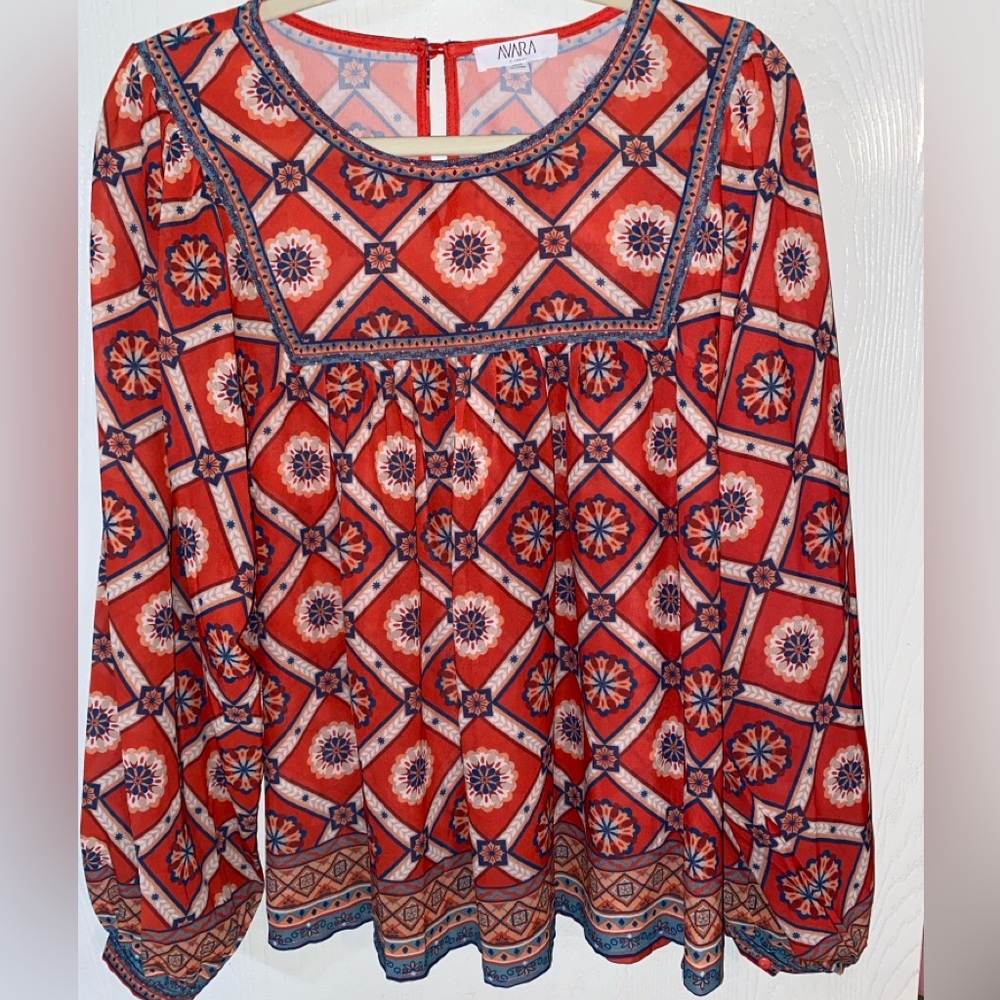 AVARA Boutique XL Red, Cream, Blue & Teal Patterned Blouse